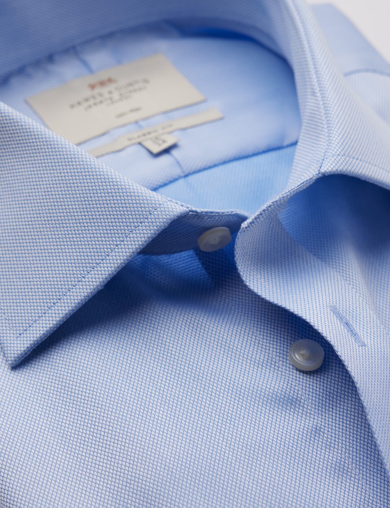 Easy Iron Blue Pique Classic Fit Shirt With Semi Cutaway Collar - Double Cuffs
