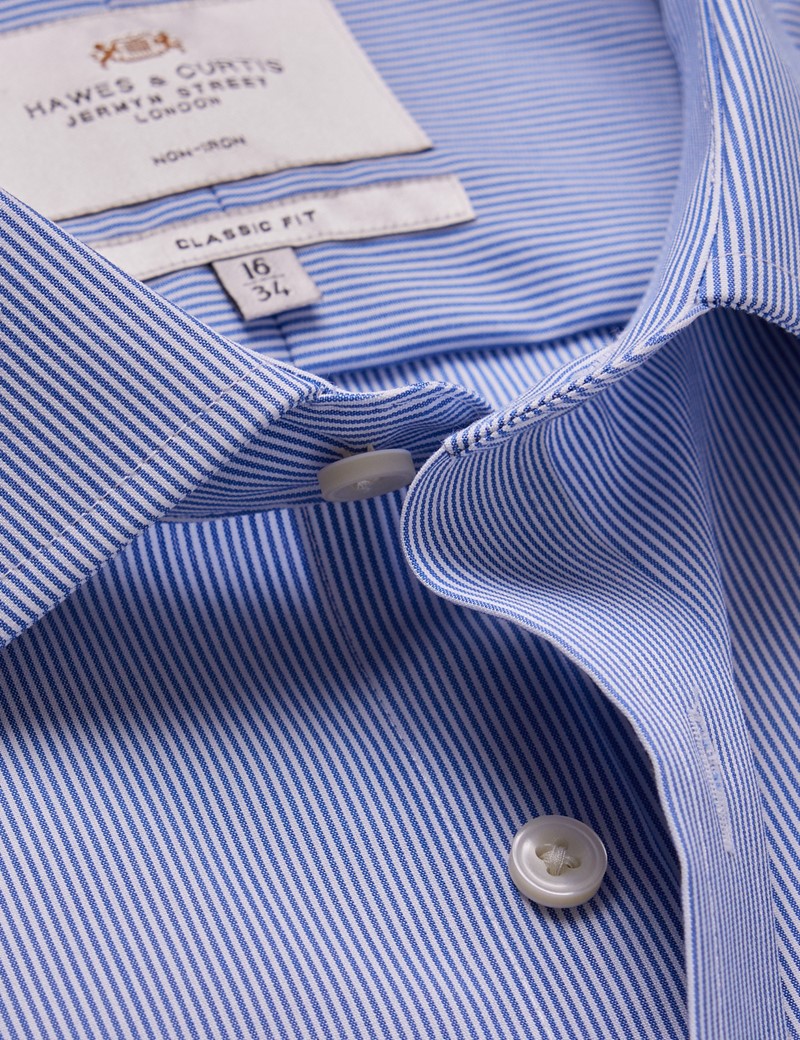 Men's Non-Iron Blue & White Fine Stripe Classic Shirt - Double Cuff