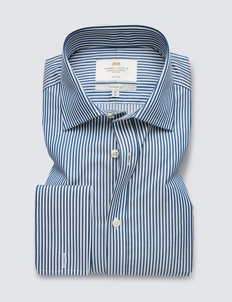 Men's Non-Iron Navy & White Bengal Stripe Classic Shirt - French Cuff ...