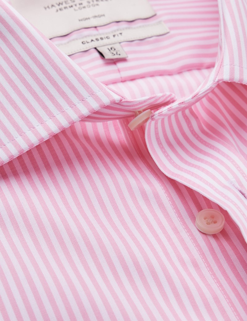 Non Iron Pink & White Bengal Stripe Classic Fit Shirt With Semi Cutaway Collar - Double Cuffs 