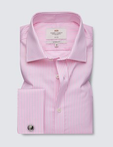 Non Iron Pink & White Bengal Stripe Classic Fit Shirt With Semi Cutaway Collar - Double Cuffs 