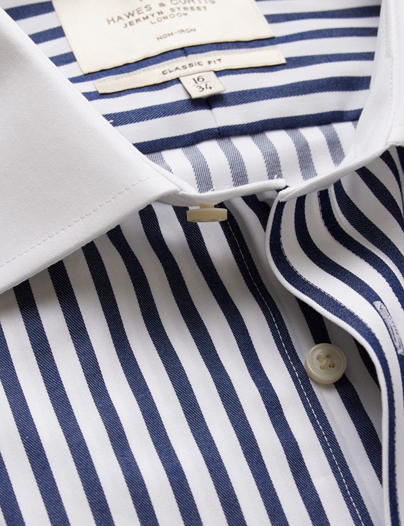 Non-Iron Navy & White Bold Stripe Classic Shirt With White Collar ...