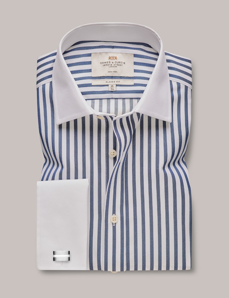 Non Iron Navy And White Bold Stripe Classic Shirt With White Collar