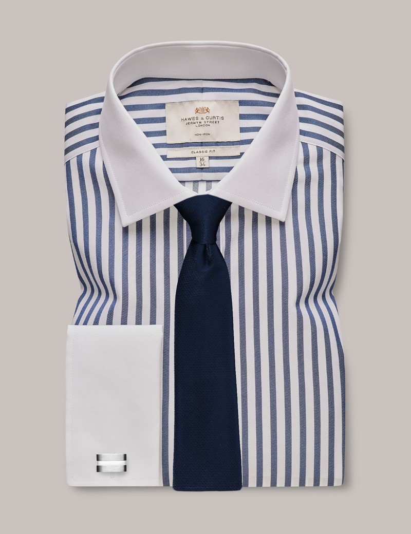 Non-Iron Navy & White Bold Stripe Classic Shirt With White Collar ...