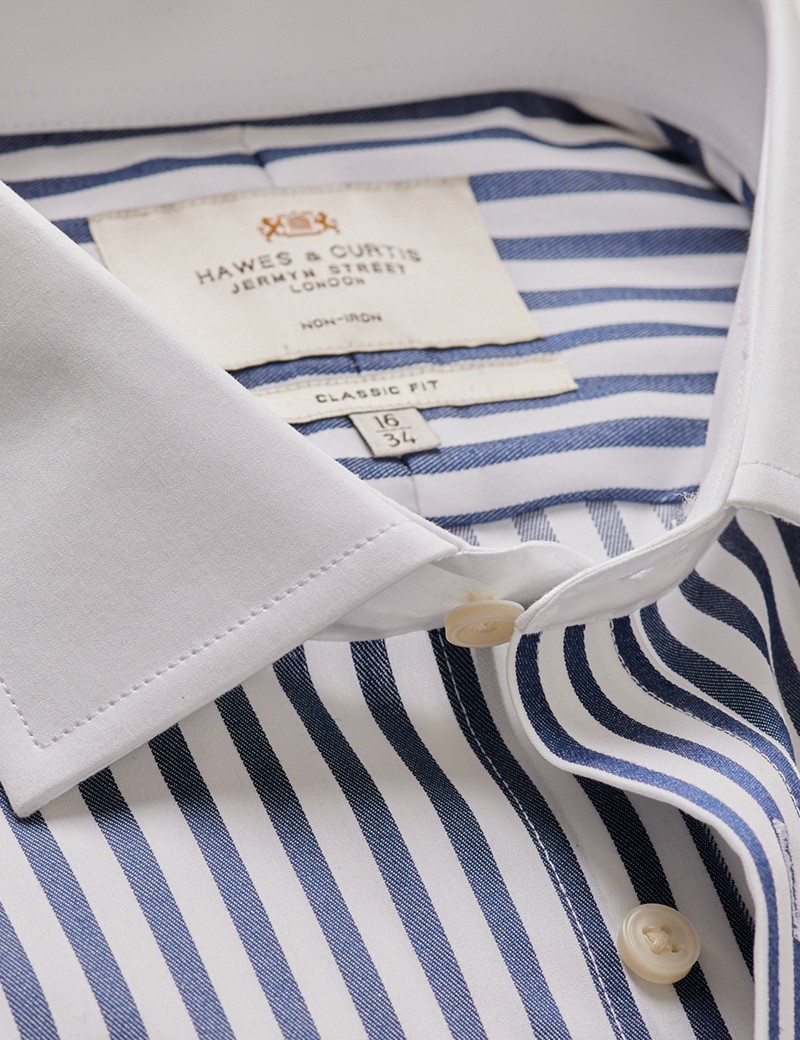 Non-Iron Navy & White Bold Stripe Classic Shirt With White Collar ...