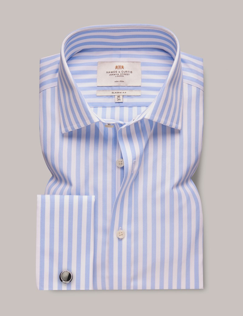 Men's Non-Iron Blue & White Bold Stripe Classic Shirt - Double Cuff