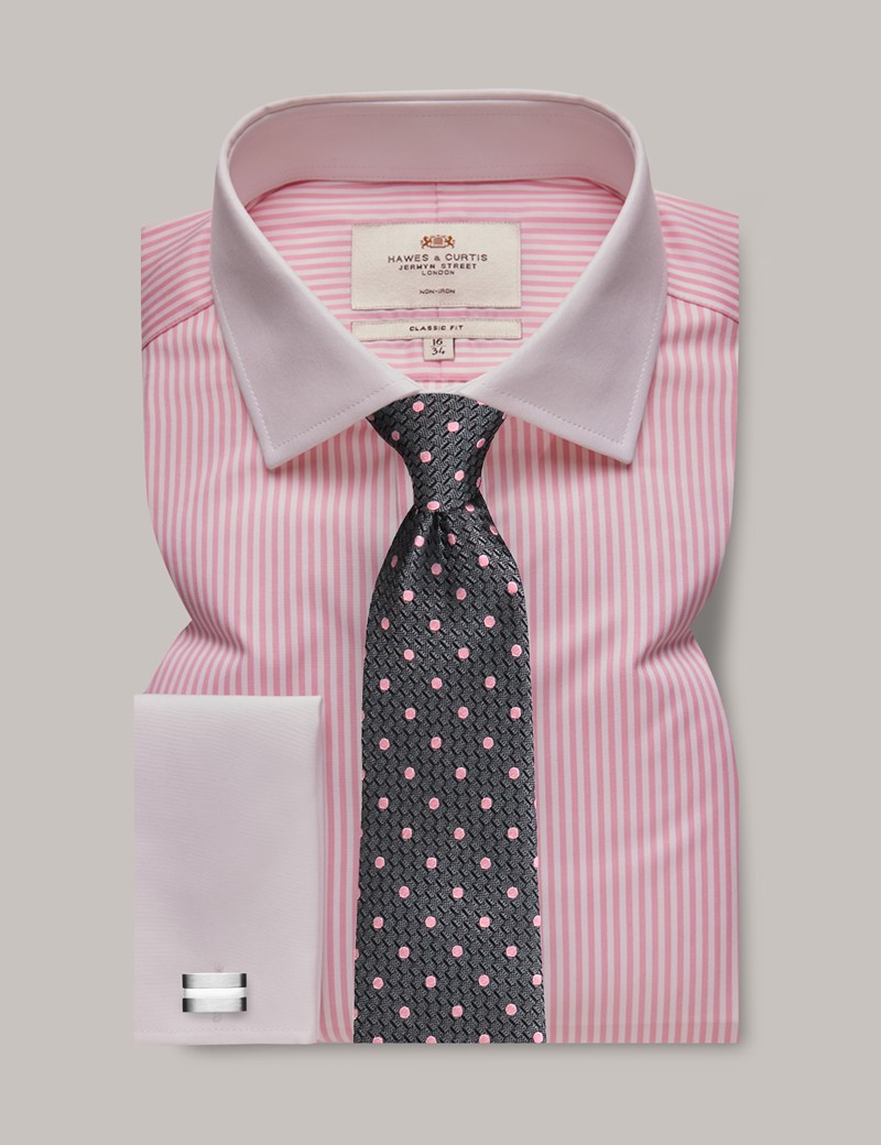 Men's Non-Iron Pink & White Bengal Stripe Classic Fit Shirt - French ...