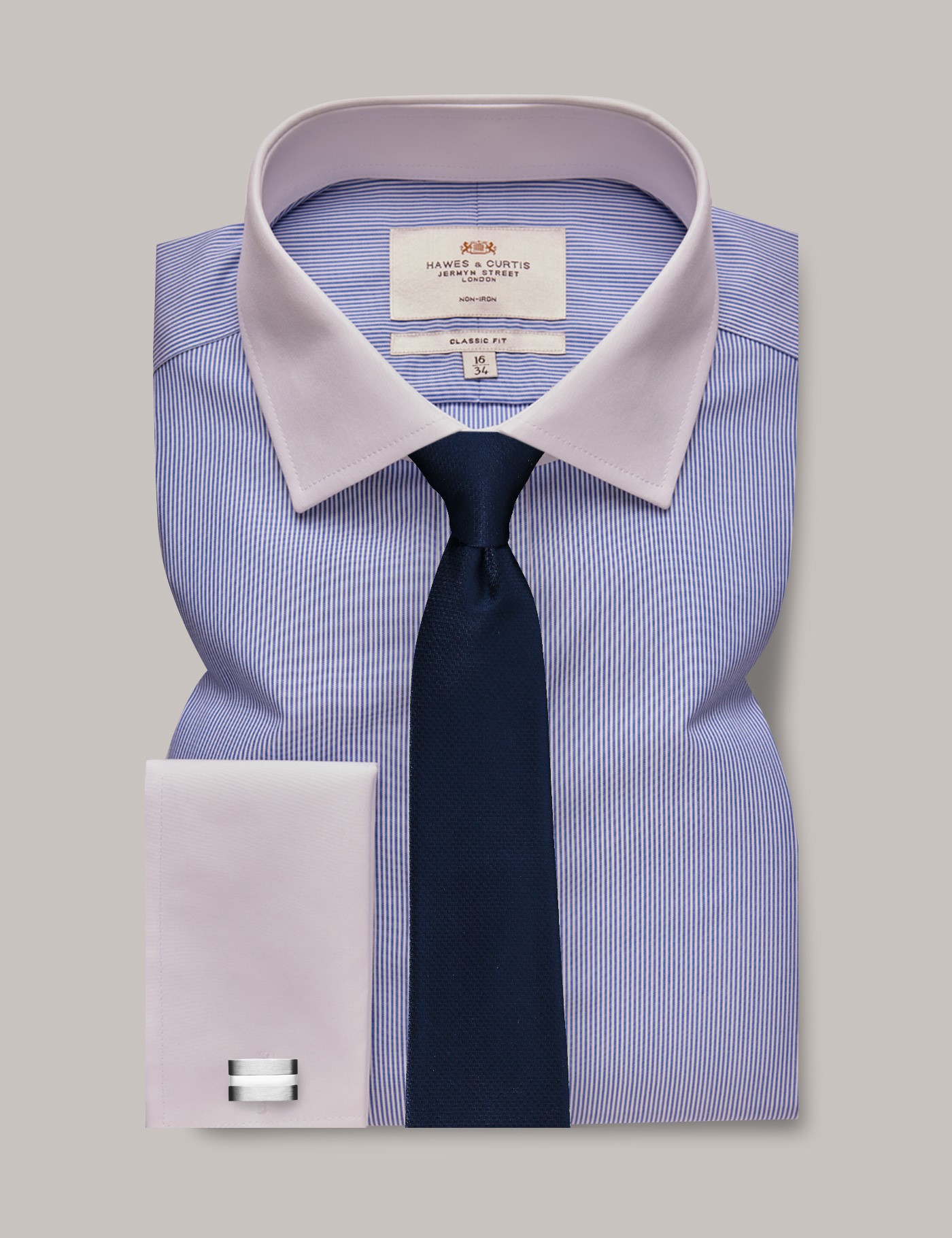 Men's Non-Iron Blue & White Stripe Classic Shirt With White Collar ...