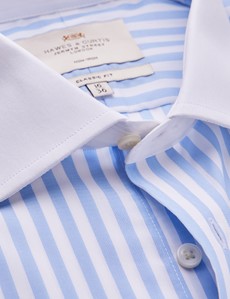 Non Iron Blue & White Bengal Stripe Classic Fit Shirt With White Collar and Cuffs