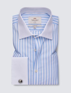 Non Iron Blue & White Bengal Stripe Classic Fit Shirt With White Collar and Cuffs