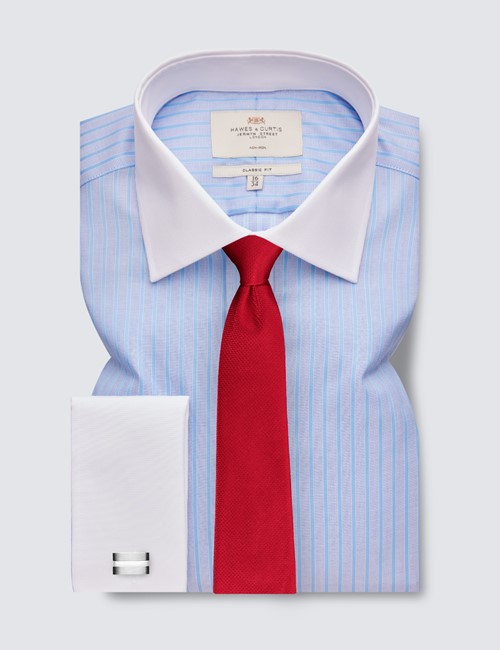 Double Cuff Shirt in a Plain Sky Blue Poplin Cotton Classic Collar