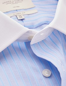Non Iron Blue & Light Blue End On End Stripe Classic Fit Shirt With Windsor Collar - Double Cuffs