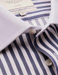 Non Iron Navy & White Bold Stripe Classic Fit Shirt - Double Cuffs
