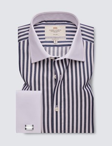 Non Iron Navy & White Bold Stripe Classic Fit Shirt - Double Cuffs