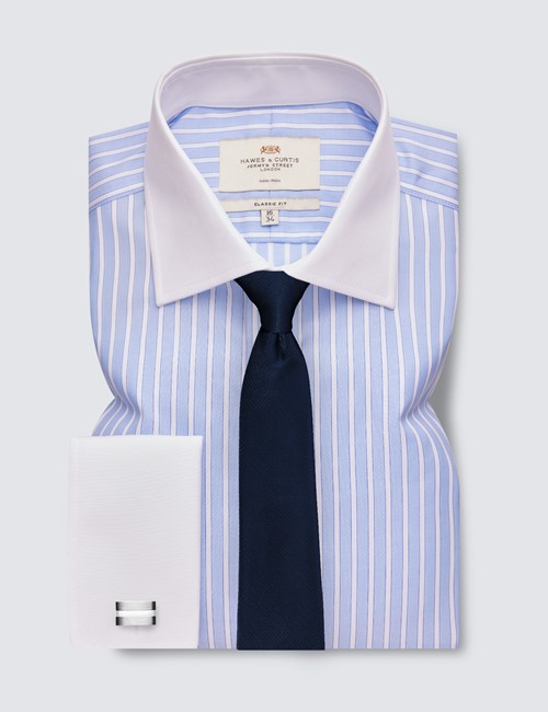 Non Iron Blue & White Bold Stripe Classic Fit Shirt - Double Cuffs