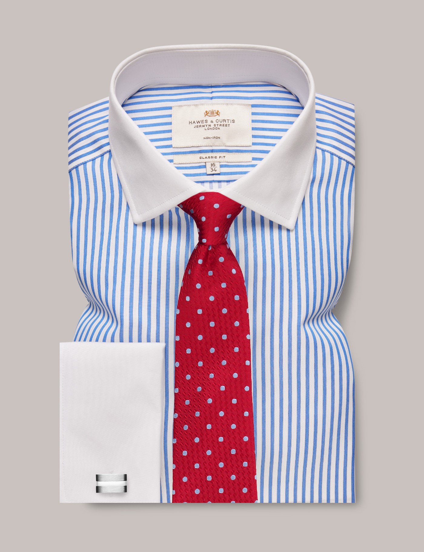 Blue White Stripe Classic Fit Non-Iron Formal Shirt With White Collar &  Cuffs - Double Cuff
