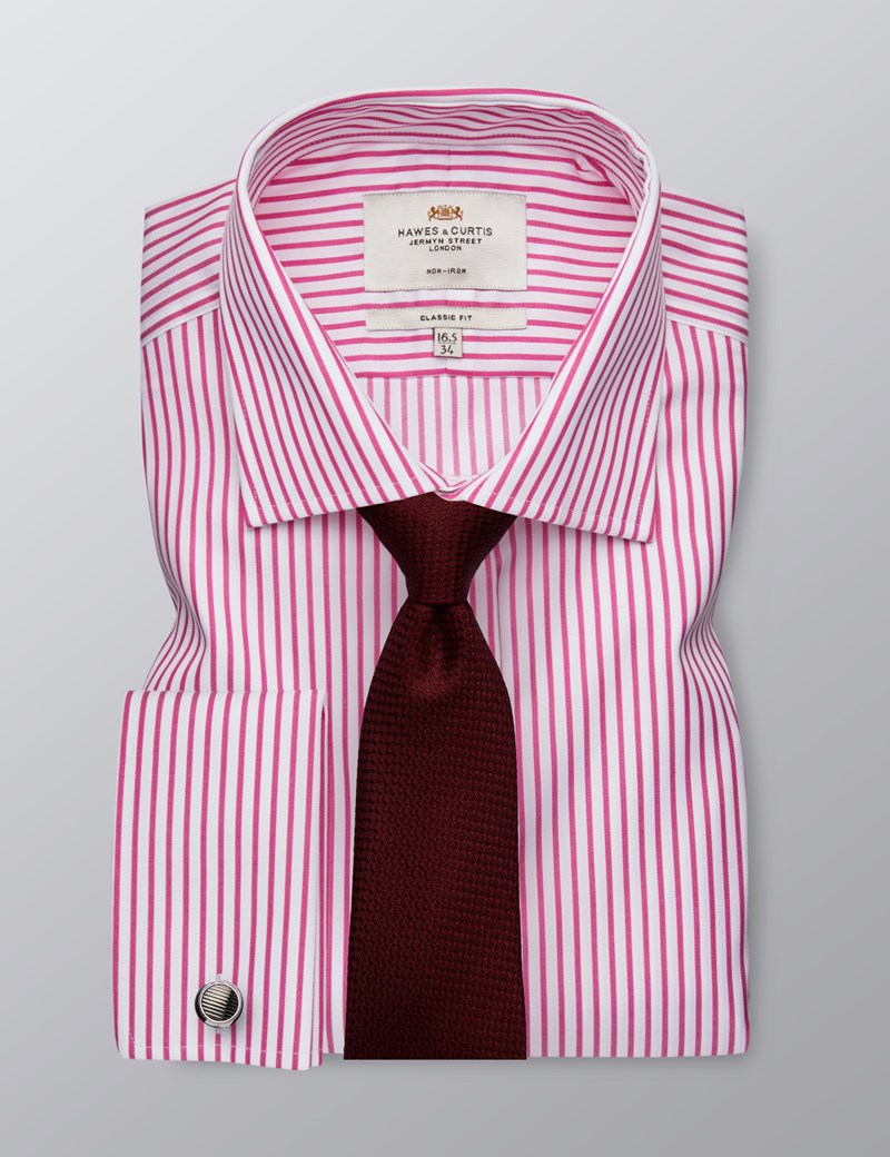 Men's Formal Pink & White Bi Colour Stripe Classic Fit Shirt Double