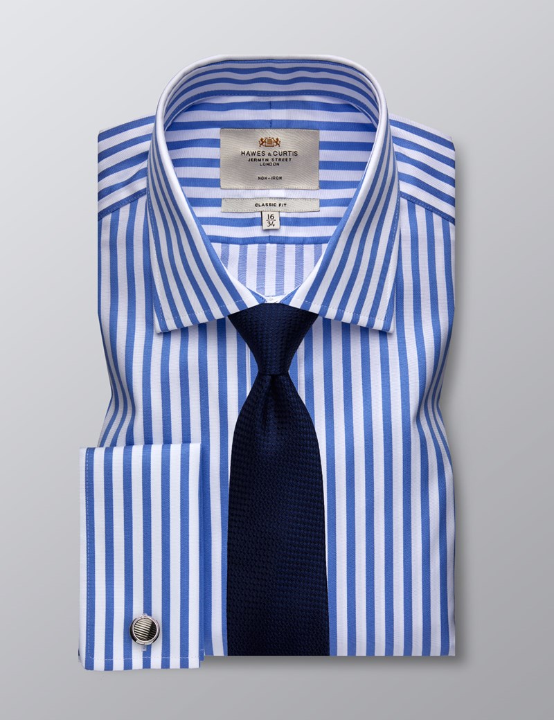 Men's Dress Blue & White Bengal Stripe Classic Fit Shirt - French Cuff