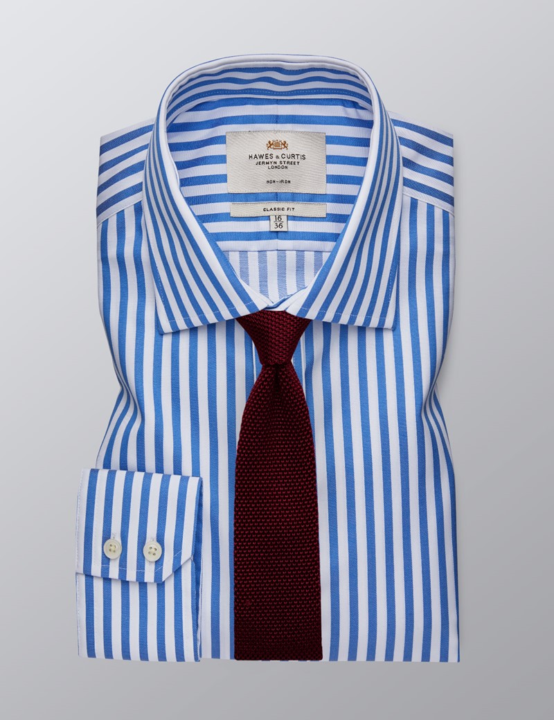 Men's Formal Blue & White Bold Stripe Classic Fit Shirt - Double Cuff ...