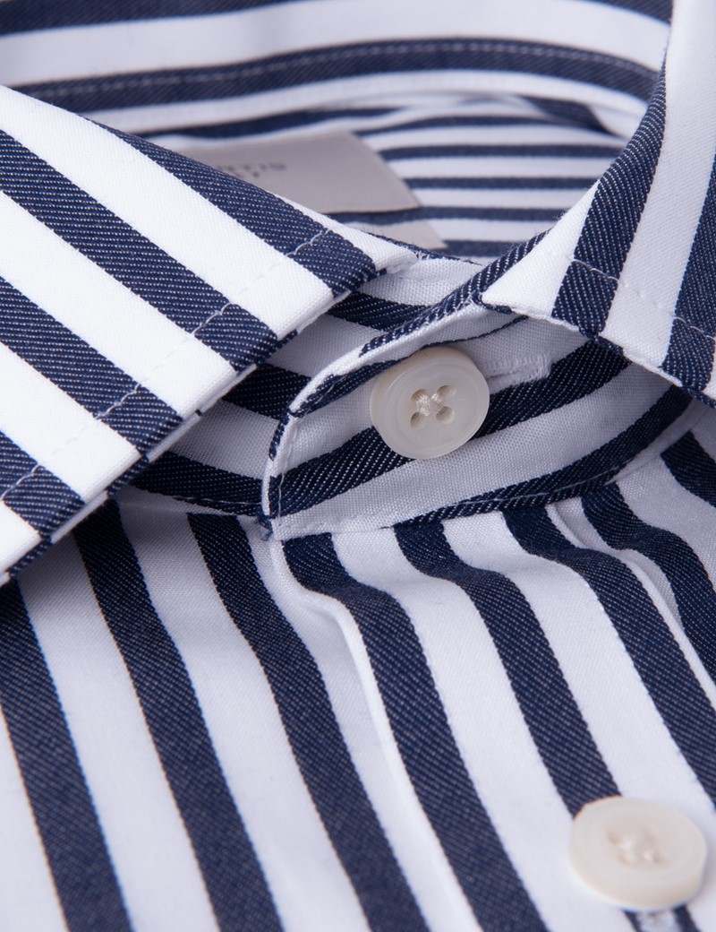 Men's Business Navy & White Stripe Classic Fit Shirt - Double Cuff ...