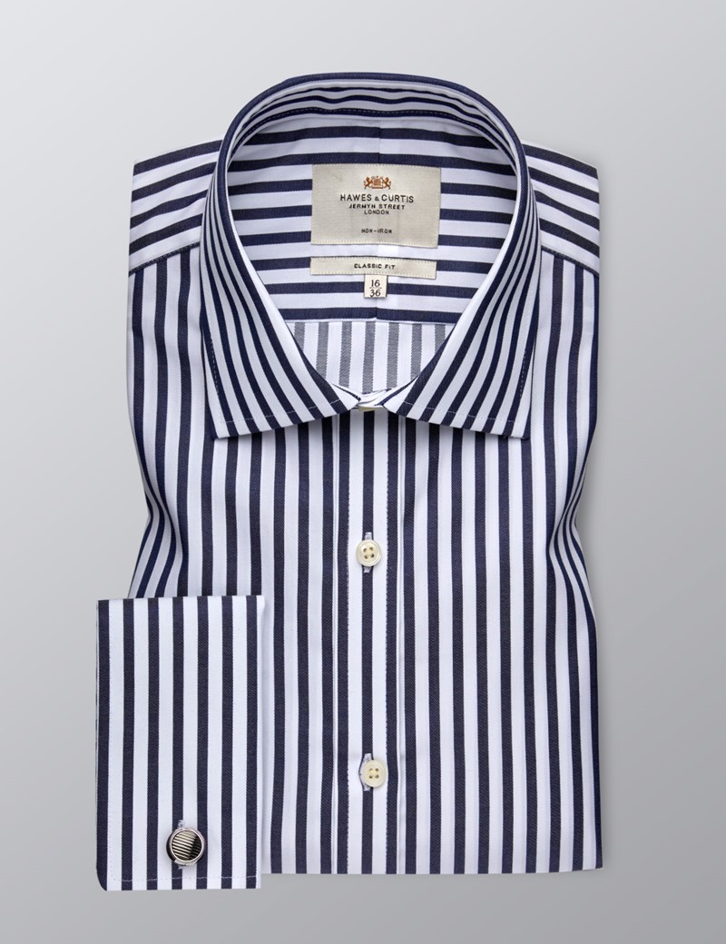 Men's Formal Navy & White Stripe Classic Fit Shirt - Double Cuff - Non ...