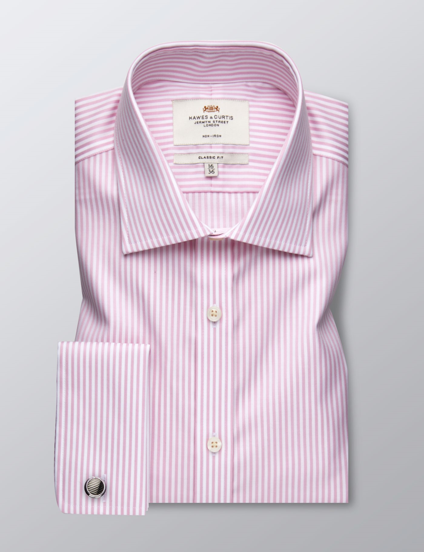 Men's Formal Pink & White Stripe Classic Fit Shirt - Double Cuff - Non ...