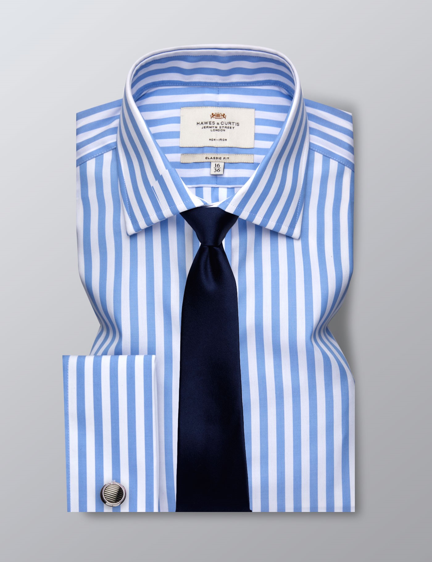 Men's Formal Blue & White Large Bengal Stripe Classic Fit Shirt ...