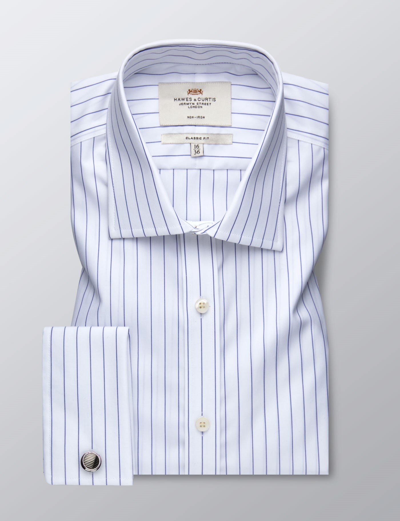 Men's Formal White & Navy Stripe Classic Fit Shirt - Double Cuff - Non ...