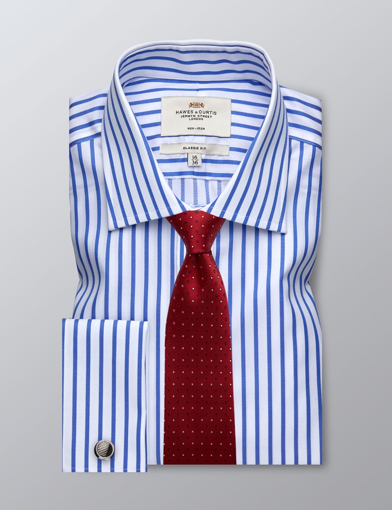 Men's Formal Blue & White Tonal Stripe Classic Fit Shirt - Double Cuff ...