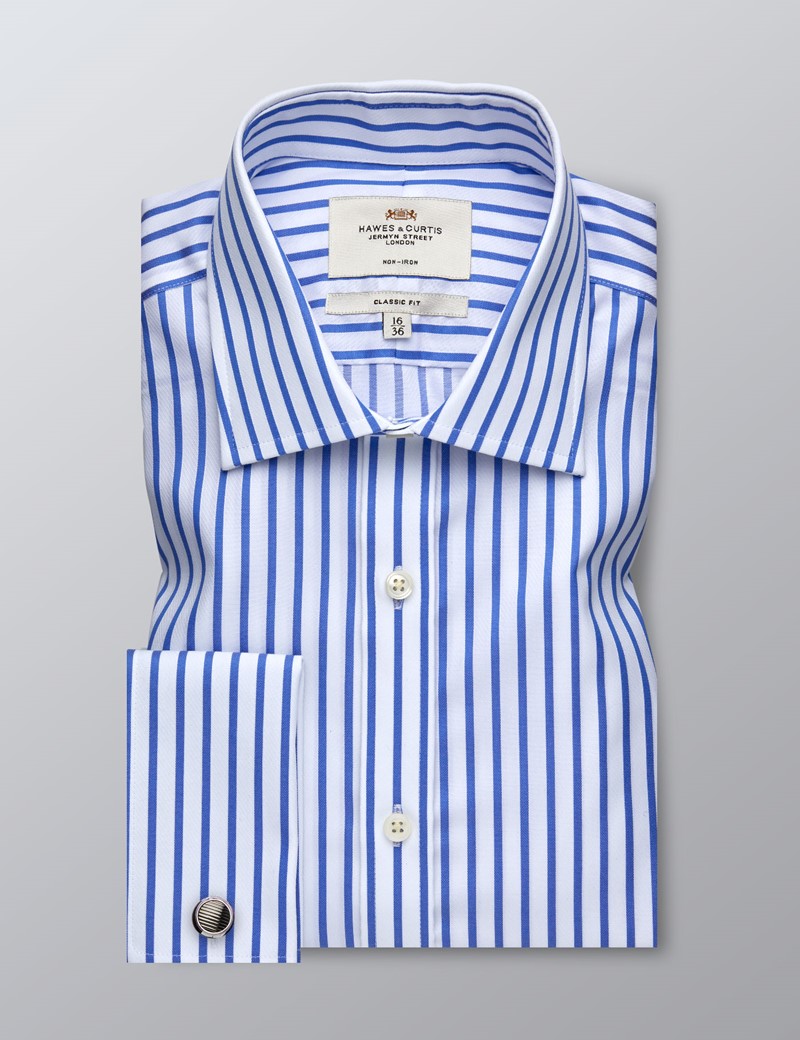 Men's Formal Blue & White Tonal Stripe Classic Fit Shirt - Double Cuff ...