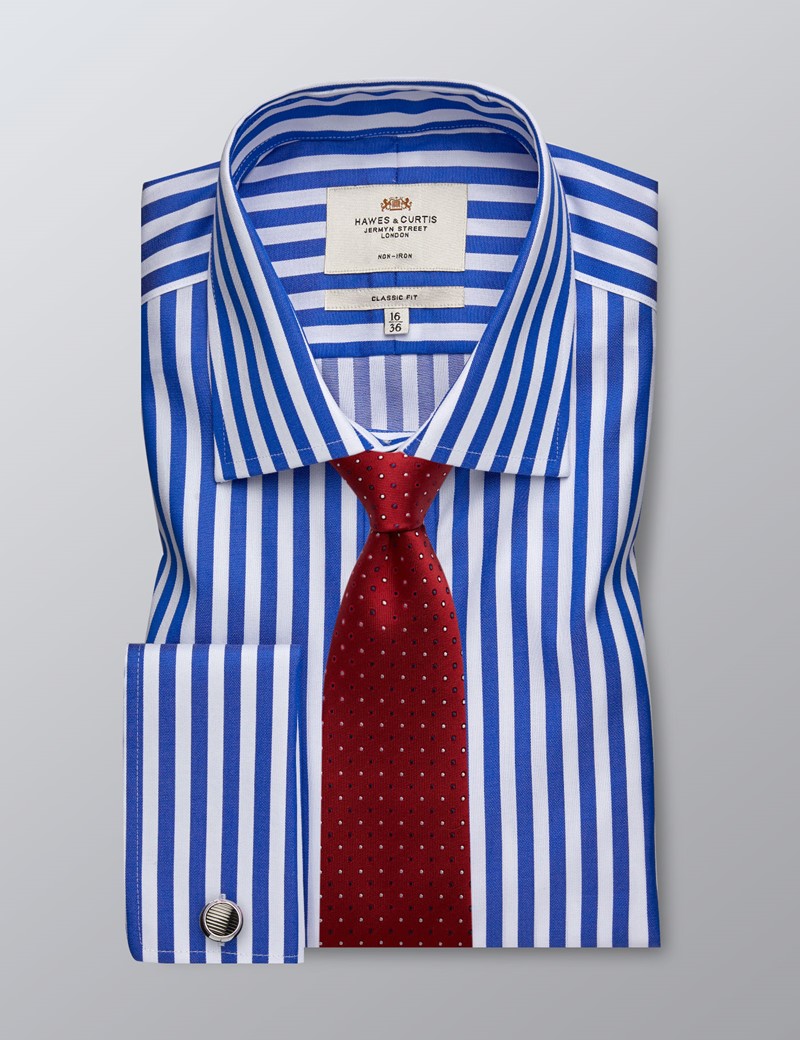 Men's Formal Royal Blue & White Bold Stripe Classic Fit Shirt - Double ...
