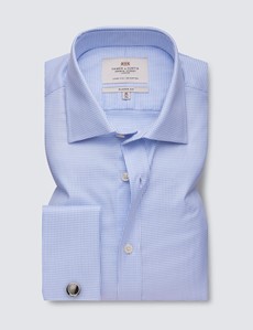 Easy Iron Blue & White Fabric Interest Classic Fit Shirt With Semi Cutaway Collar - Double Cuffs