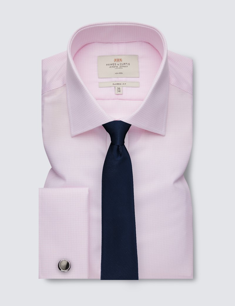 Non Iron Pink Fabric Interest Check Classic Fit Shirt With Semi Cutaway Collar  - Double Cuffs