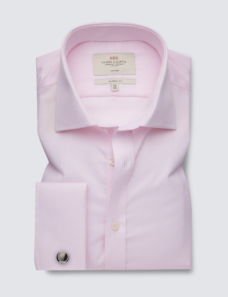 Non Iron Pink Fabric Interest Check Classic Fit Shirt With Semi Cutaway Collar  - Double Cuffs