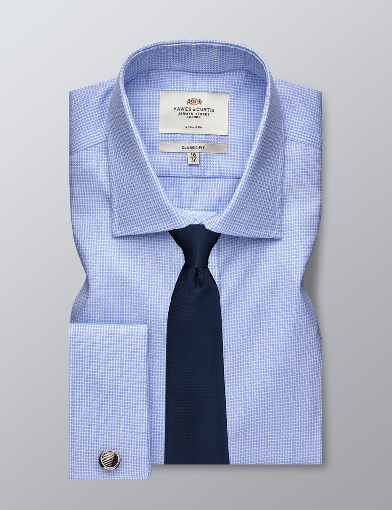 Men's Business Blue & White Classic Fit Shirt - Double Cuff - Non Iron | Hawes & Curtis