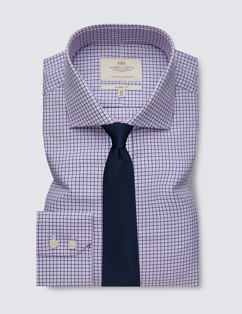 Men's Formal Pink & Navy Check Classic Fit Shirt - Windsor Collar - Single Cuff - Easy Iron