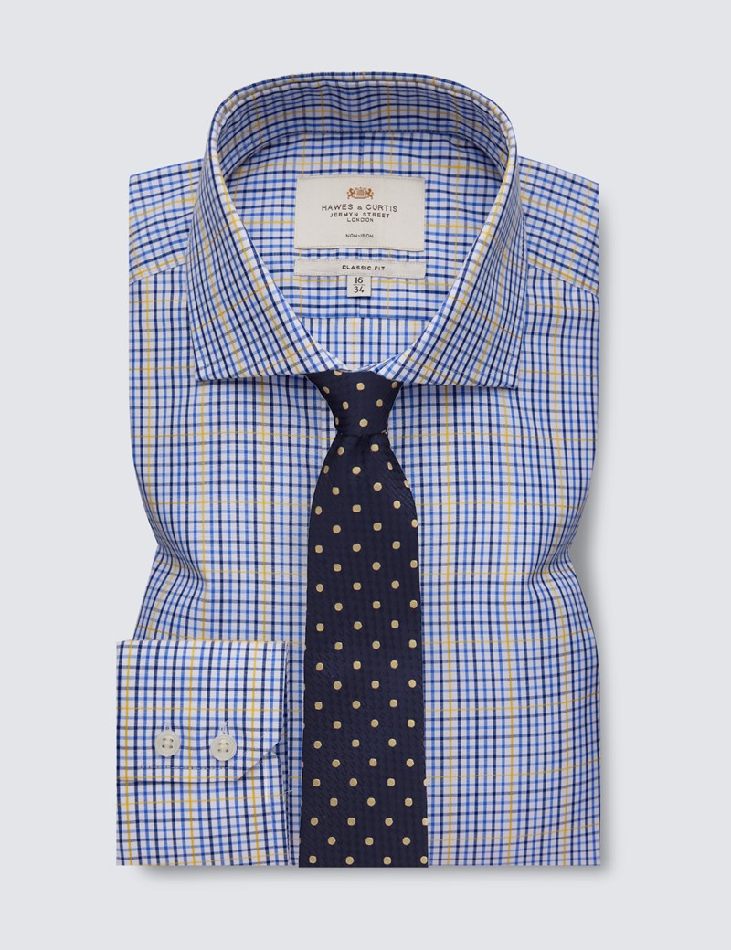 Non Iron Men's Blue & Yellow Check Classic Fit Shirt With Windsor Collar - Single Cuffs