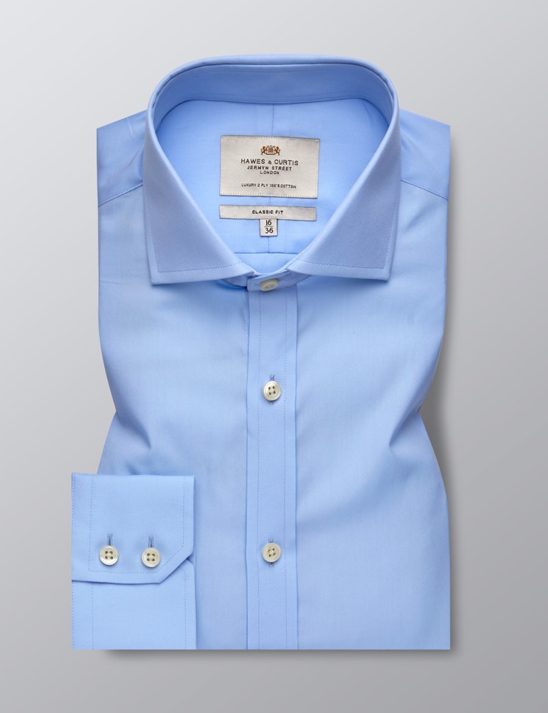 Men's Dress Blue Poplin Classic Fit Shirt - Windsor Collar - Single Cuff - Easy Iron