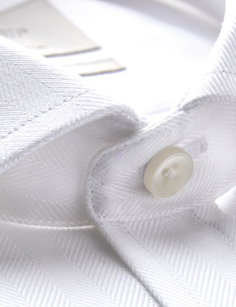 Easy Iron White Herringbone Classic Fit Shirt - Windsor Collar - Single Cuffs