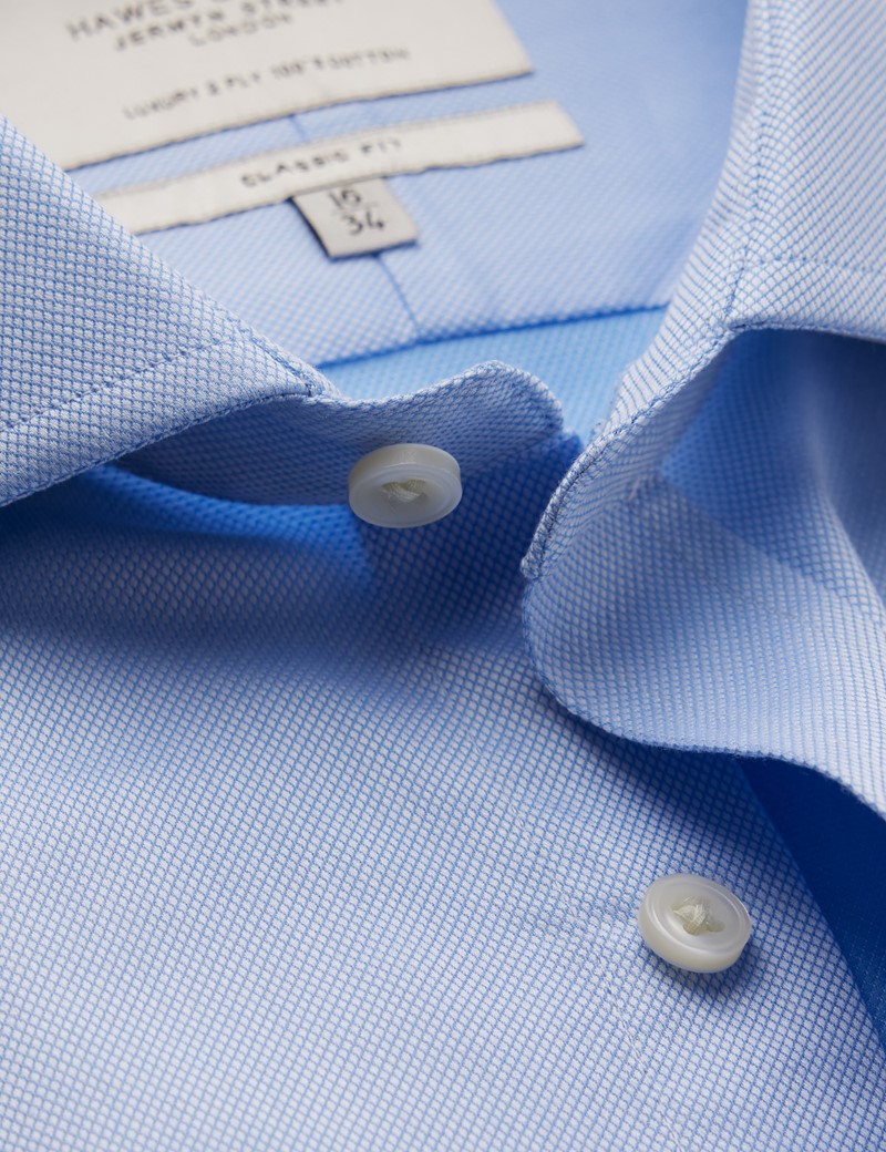 Easy Iron Men's Blue Pique Classic Fit Shirt - Windsor Collar - Single Cuff