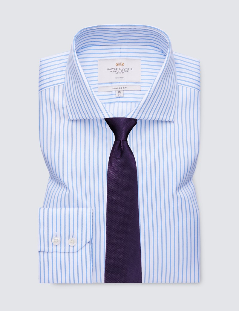 Non Iron Blue & White Stripe Classic Fit Shirt with Windsor Collar & Single Cuffs