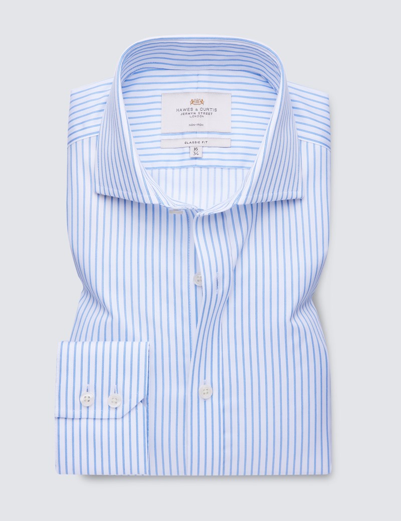 Bügelfreies Businesshemd – Classic Fit – Haifischkragen – helblau weiß Streifen