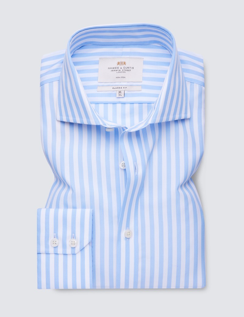Non Iron Men's Formal Blue & White Bengal Stripe Classic Fit Shirt with Windsor Collar