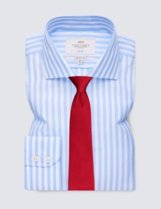 Non Iron Men's Formal Blue & White Bengal Stripe Classic Fit Shirt with Windsor Collar