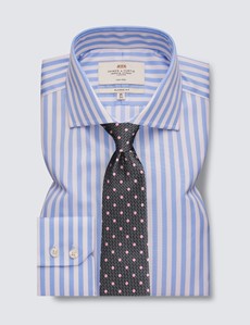 Non Iron Men's Blue & White Stripe Classic Fit Shirt With Windsor Collar - Single Cuffs