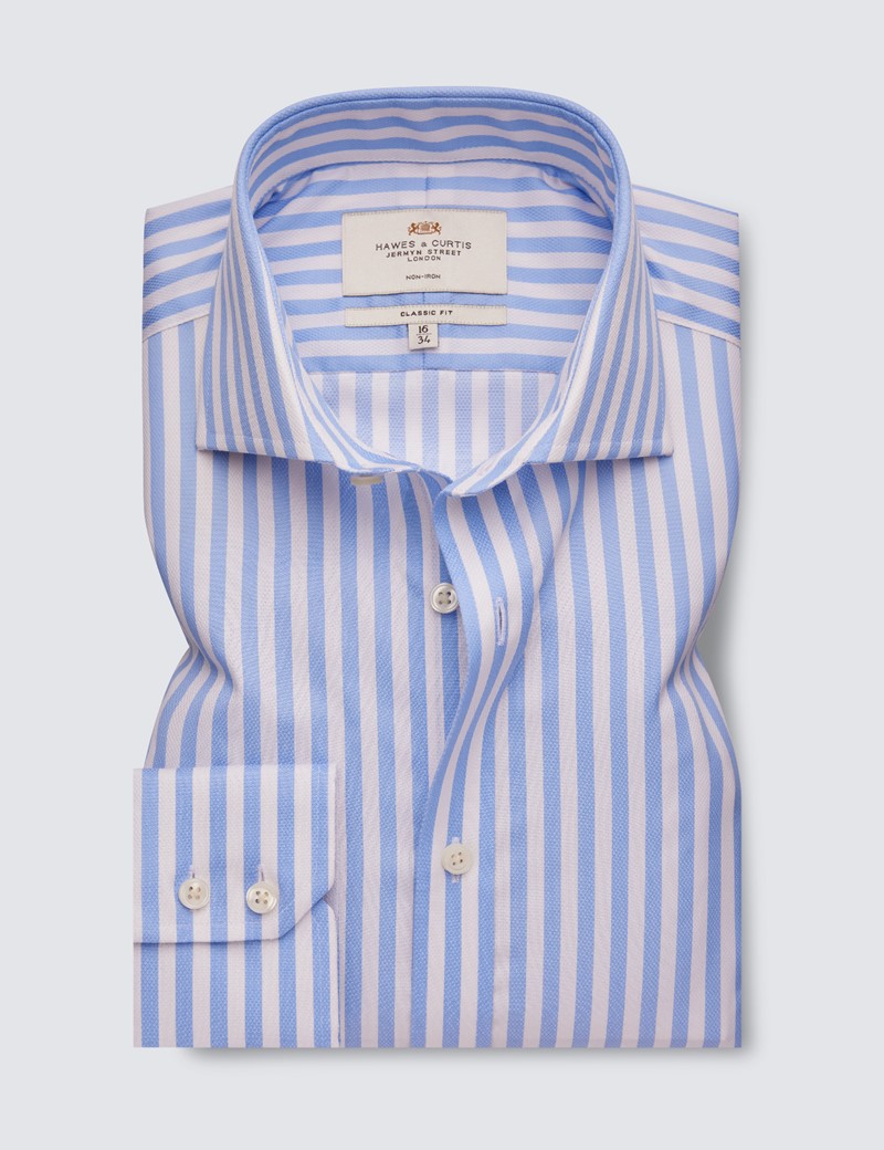 Non Iron Men's Blue & White Stripe Classic Fit Shirt With Windsor Collar - Single Cuffs