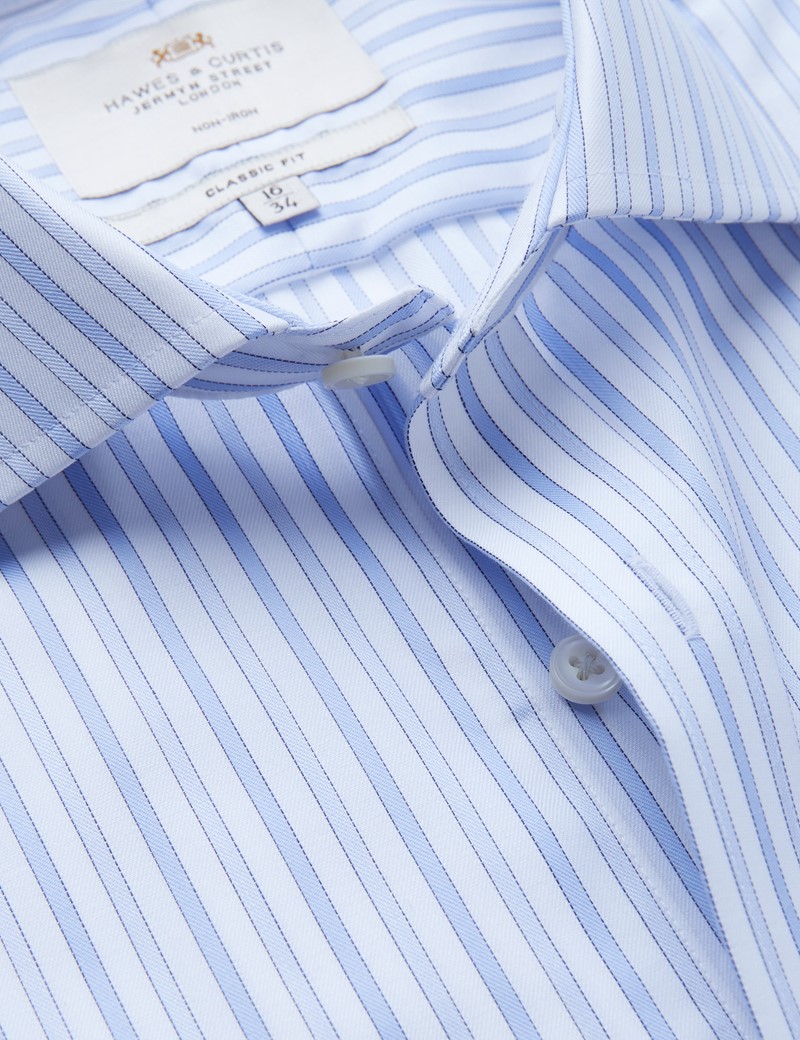 Non Iron Blue & White Multi Stripe Classic Fit Shirt 