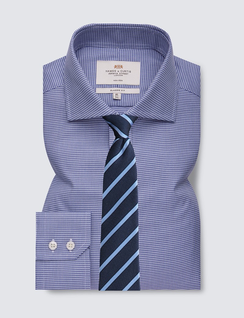 Non Iron Navy & White Dogstooth Classic Fit Shirt With Windsor Collar - Single Cuffs