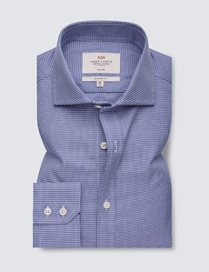 Non Iron Navy & White Dogstooth Classic Fit Shirt With Windsor Collar - Single Cuffs
