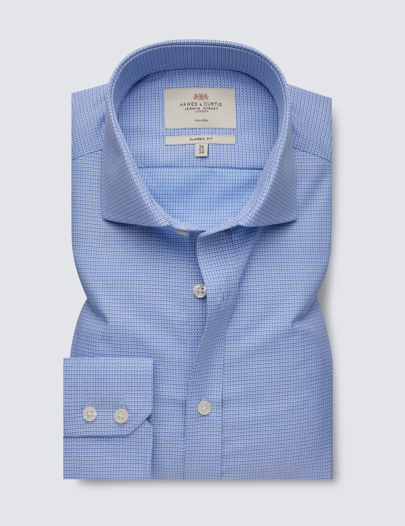 Non Iron Blue & Navy Fabric Interest Classic Fit Shirt With Windsor Collar - Single Cuffs